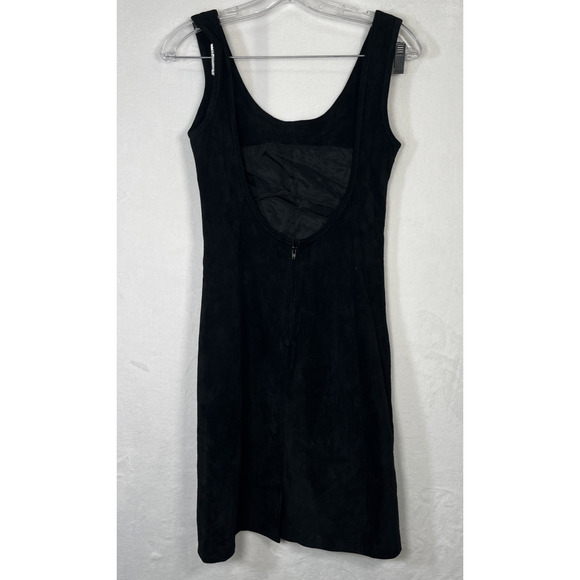 Vintage 90s Y2K Black Mini Dress Marquis Suede Bodycon Leather Dress Sz 6 Chrty - Picture 2 of 13